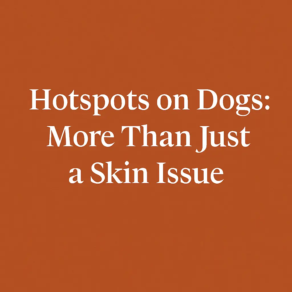 Minimalist graphic with the text "Hotspots on Dogs: More Than Just a Skin Issue" on a solid burnt-orange background.