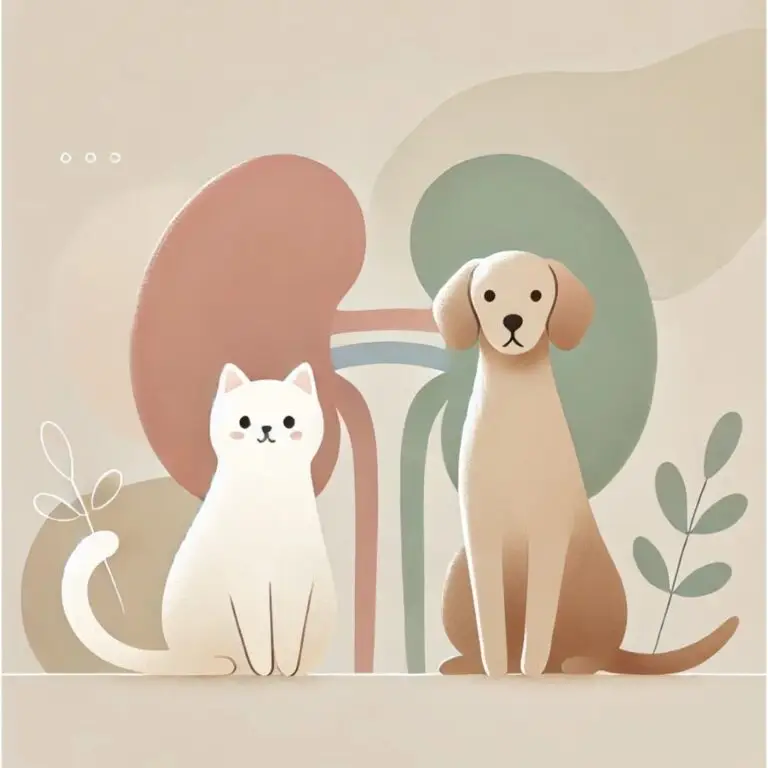 A minimalist illustration of a cat and dog sitting together, used to represent pet health and kidney-related topics.