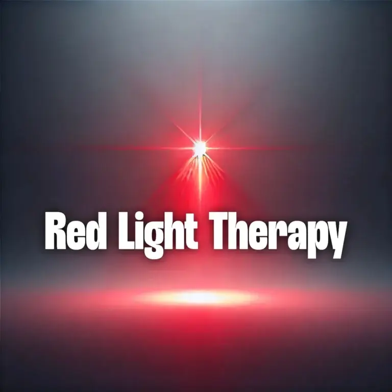 Red light therapy beam with glowing center and text overlay, representing pet health treatment benefits