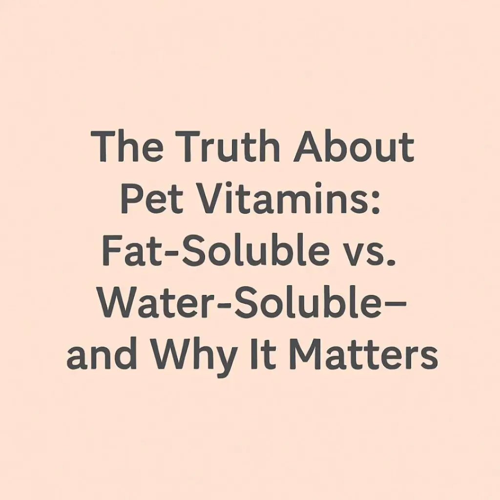 Minimalist image with soft peach background featuring the blog title 'The Truth About Pet Vitamins: Fat-Soluble vs. Water-Soluble—and Why It Matters