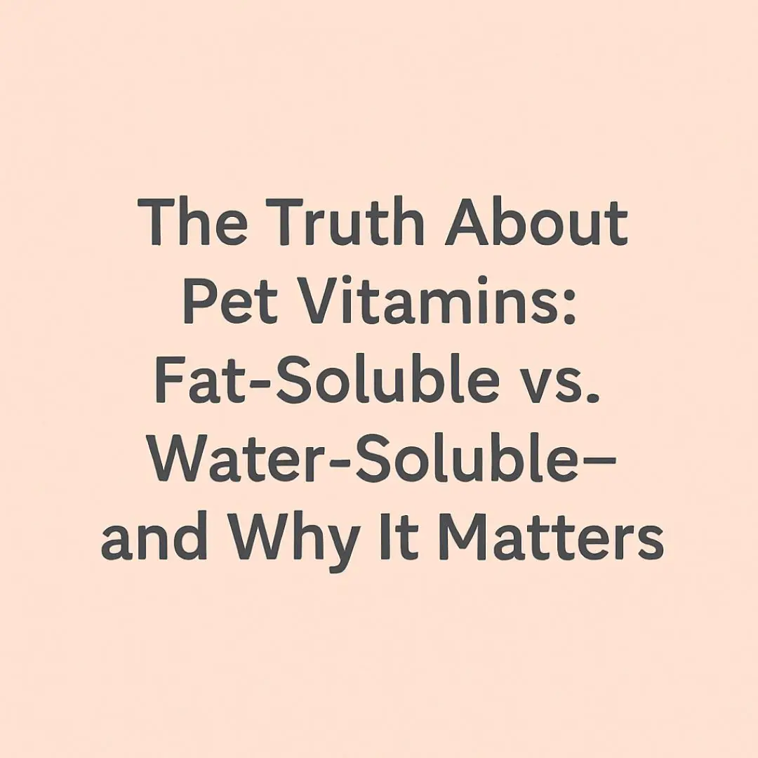 Minimalist image with soft peach background featuring the blog title 'The Truth About Pet Vitamins: Fat-Soluble vs. Water-Soluble—and Why It Matters