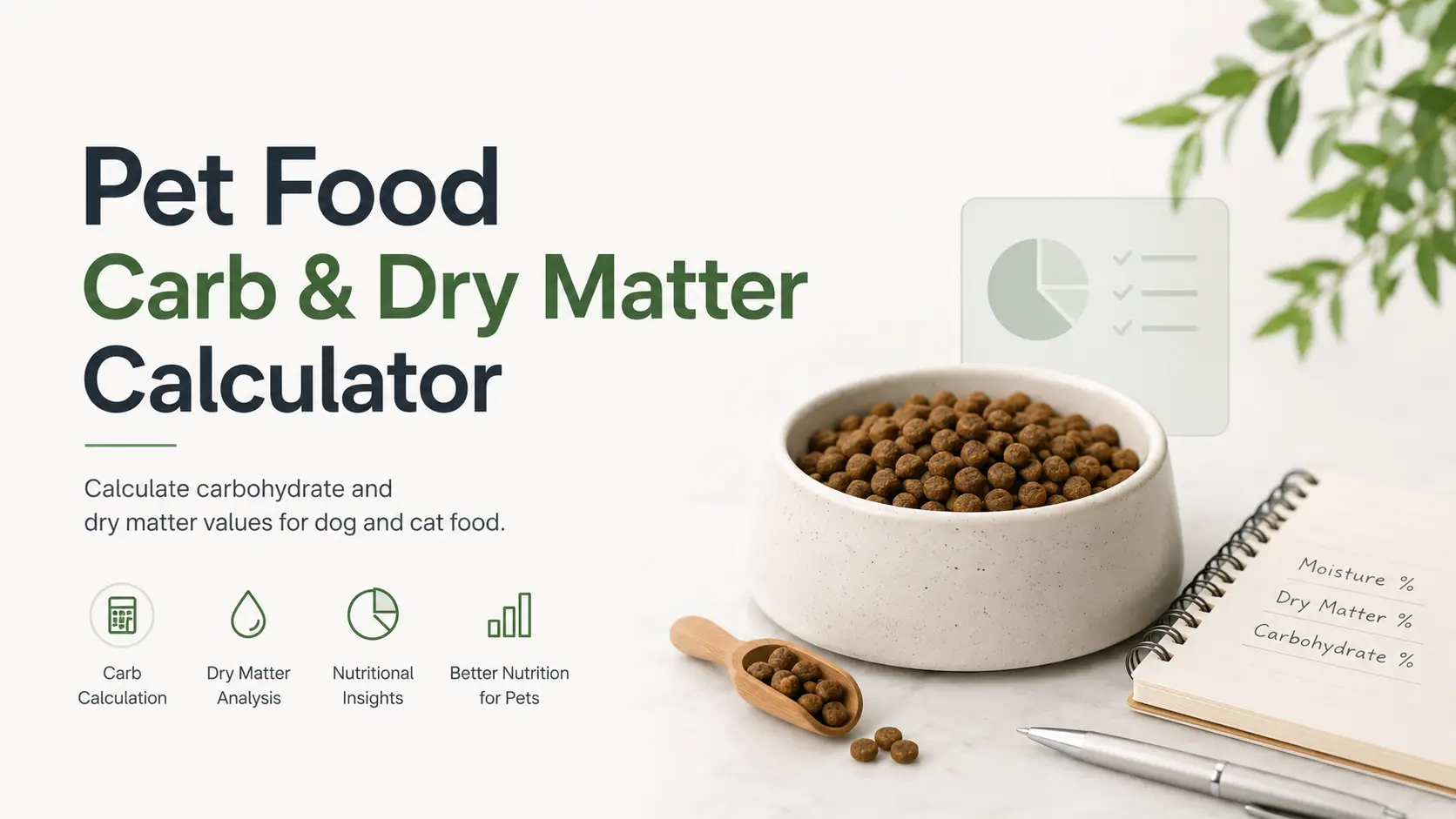 Pet food carb and dry matter calculator with a bowl of dry pet food and nutrition notes