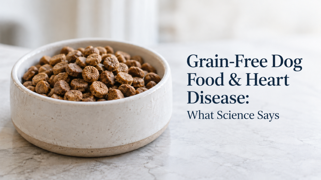 Bowl of dry dog food with article title about grain-free dog food and heart disease.