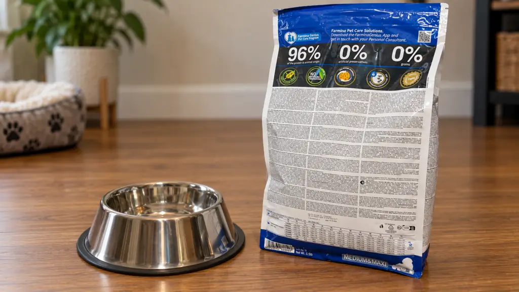 A stainless steel dog food bowl next to a dog food bag showing nutritional information on a wooden countertop.