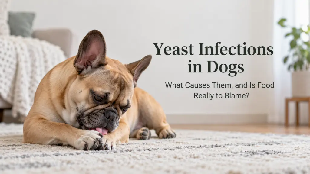 French Bulldog licking its paw with text about yeast infections in dogs and whether food is responsible.