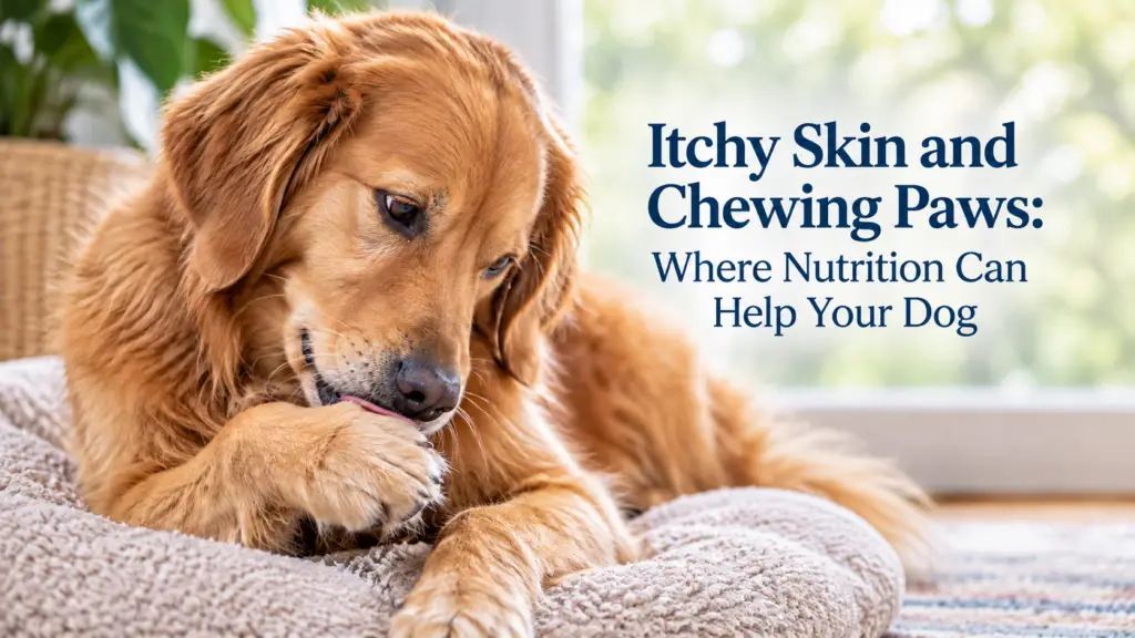 Golden Retriever licking its front paw, illustrating itchy skin and paw chewing in dogs.